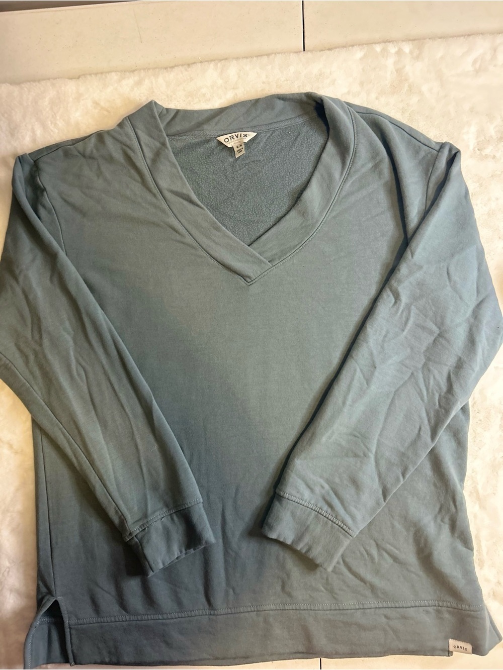 Orvis Women’s Medium Blue V-Neck Long Sleeve Terry Knit Pullover Sweatshirt